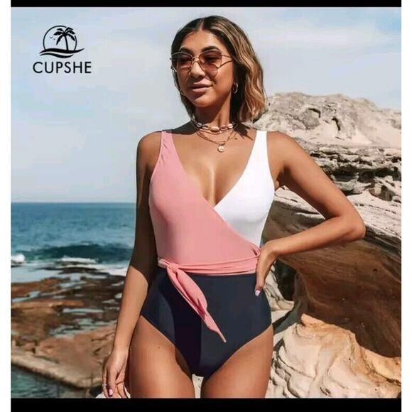 NEW!! CUPSHE SIZE S Pink Navy Blue Color Block Wrap Tie One Piece Swimsuit - Picture 2 of 10